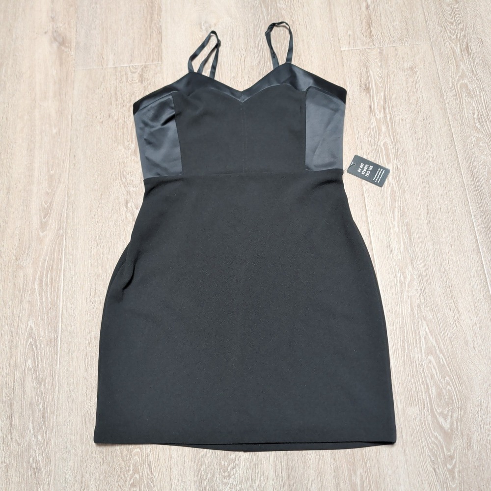 New Express Womens S Black Satin Panel Bodycon Mini Dress Sweetheart Neck LBD